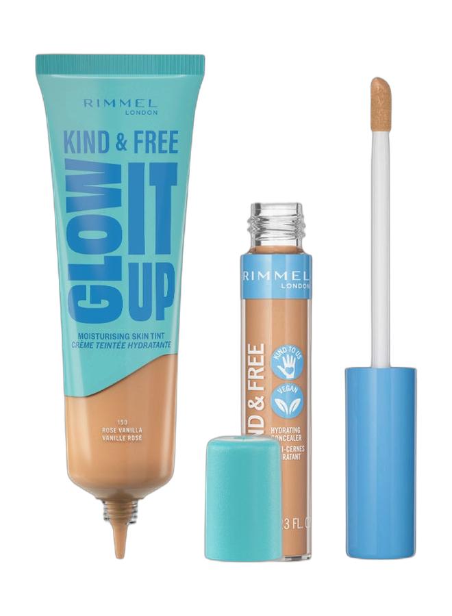 RIMMEL LONDON Glow It Up Moisturising Skin Tint — 150 Rose Vanilla 30ml & Kind & Free All-Day Hydrating Liquid Concealer 20 Light Bundle - Image 1